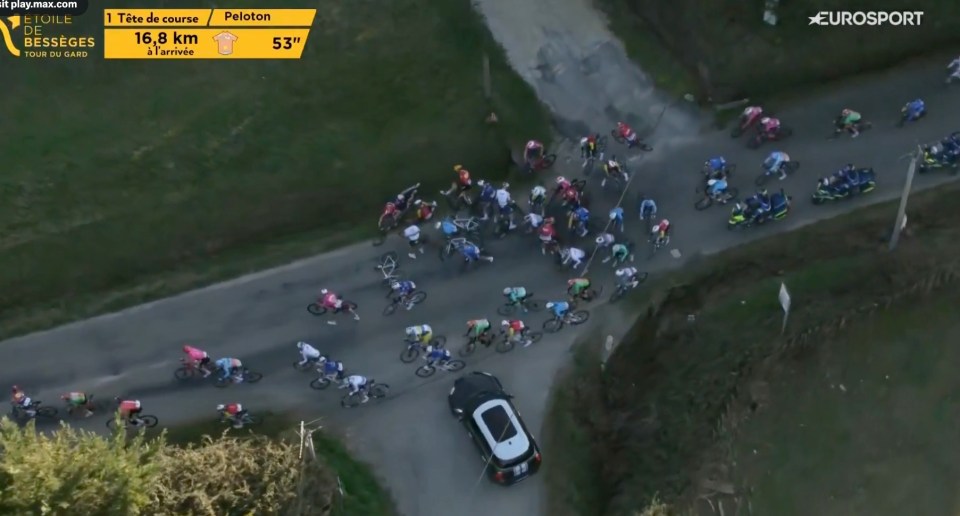Aerial view of a cycling race crash.