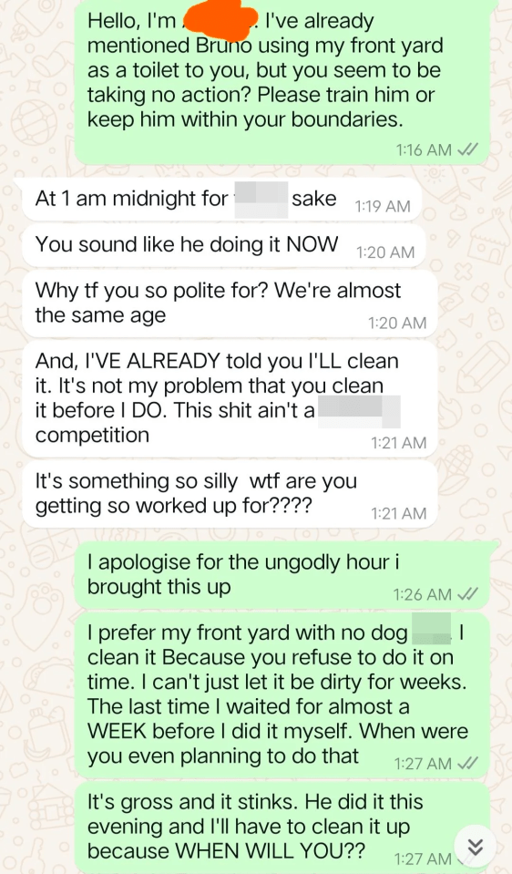 Screenshot of a text message conversation about a dog defecating in someone's yard.
