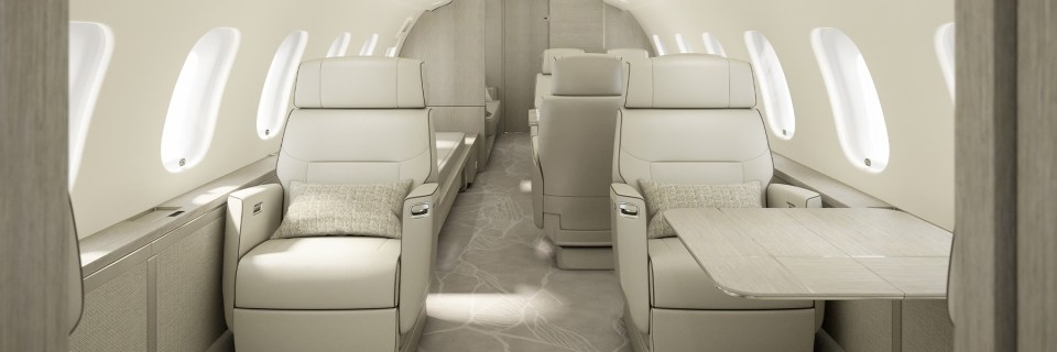 Illustration of a Global 6500 private jet cabin interior.