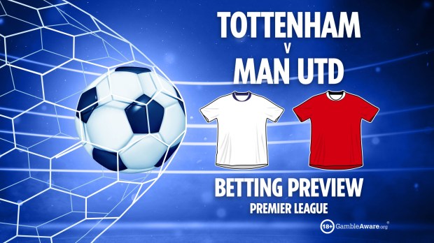 Illustration of a soccer ball in a net, Tottenham vs Man Utd jerseys, and betting preview text.