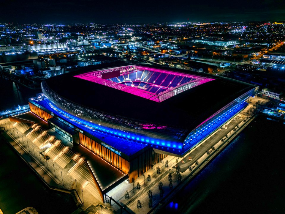A view taken from a drone of Everton's new stadium at Bramley-Moore Dock in Liverpool lit up at night. Picture date: Wednesday January 29, 2025. PA Photo. Photo credit should read: Peter Byrne/PA Wire. RESTRICTIONS: Use subject to restrictions. Editorial use only, no commercial use without prior consent from rights holder.