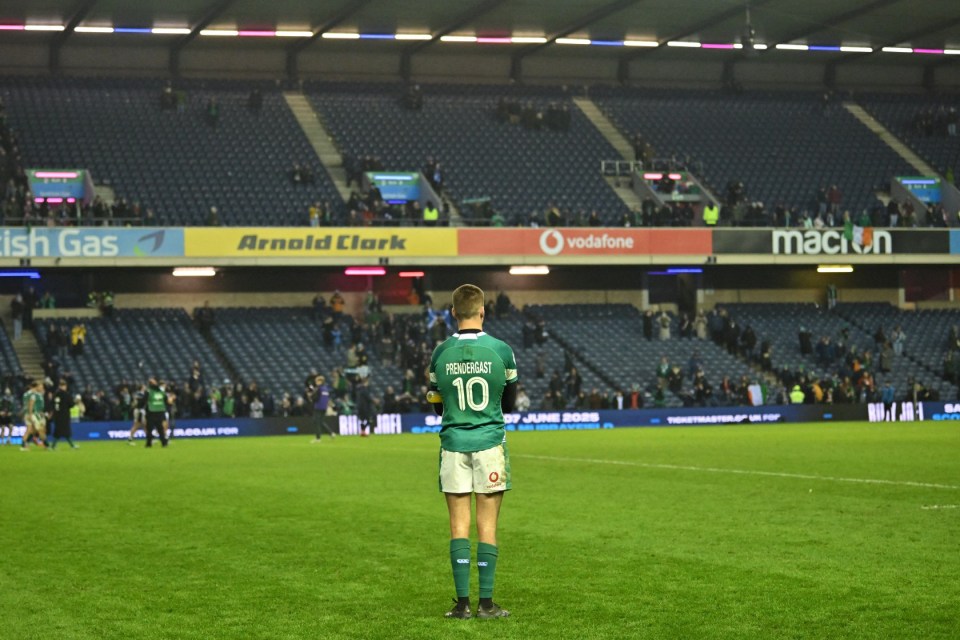 Man of the match Ireland's fly-half Sam Prendergast on the field after the Six Nations international rugby union match between Scotland and Ireland at Murrayfield Stadium in Edinburgh, Scotland on February 9, 2025. Ireland won the game 32-18. (Photo by ANDY BUCHANAN / AFP) (Photo by ANDY BUCHANAN/AFP via Getty Images)