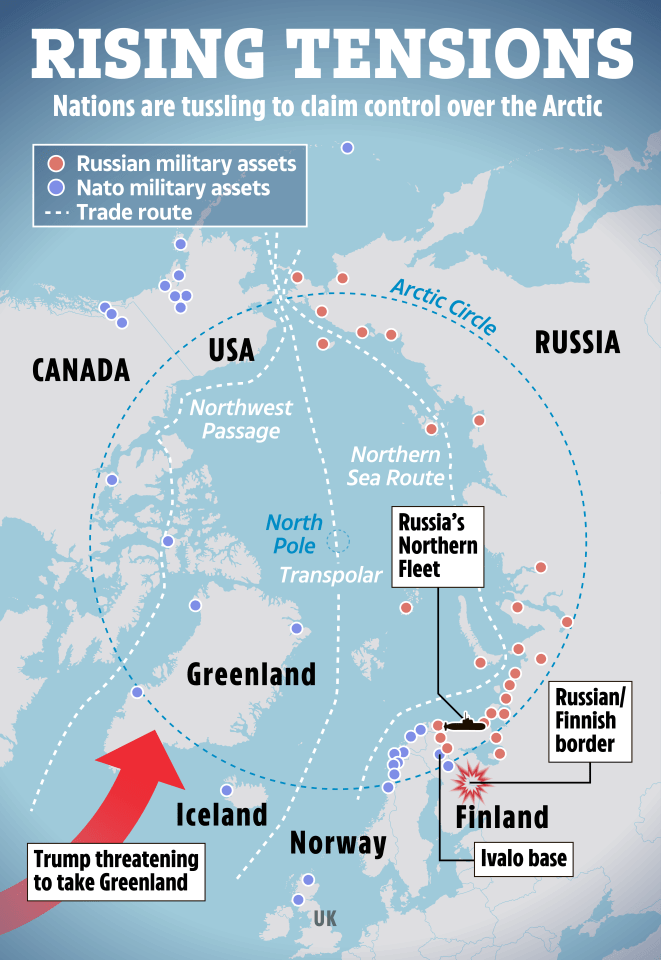 Illustration of Arctic military assets and trade routes, showing rising tensions between nations.