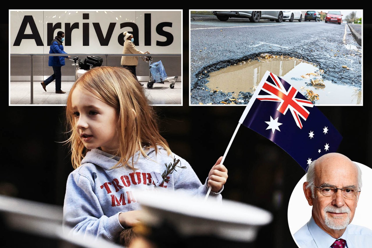 Collage of a child holding an Australian flag, airport arrivals, a pothole, and a man.