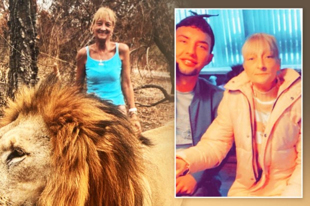Collage of a woman with a lion and a woman with a young man.