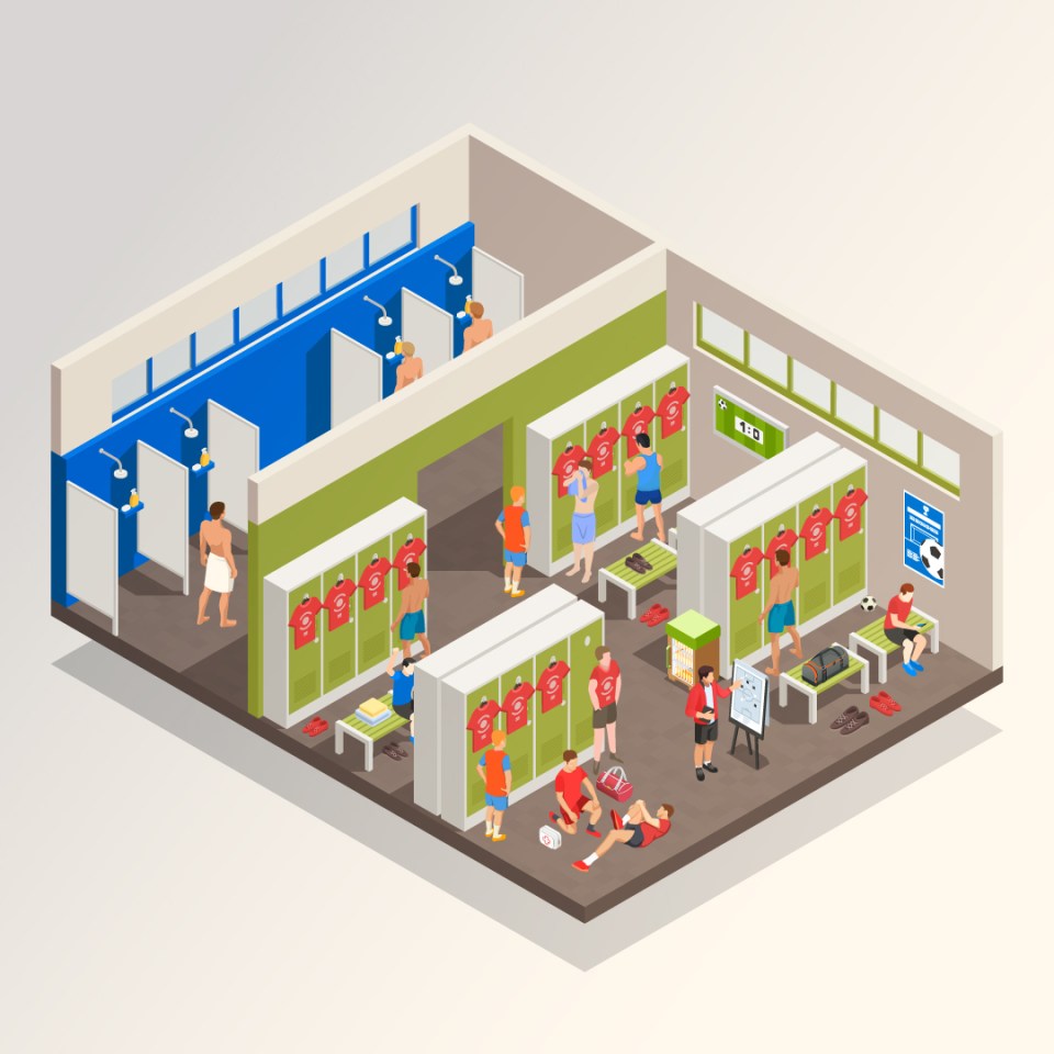 Isometric illustration of a soccer team locker room.