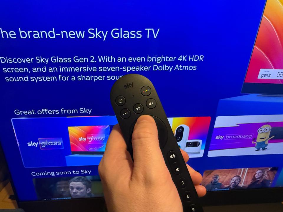 Hand holding Sky Glass TV remote, showcasing the new Sky Glass Gen 2.