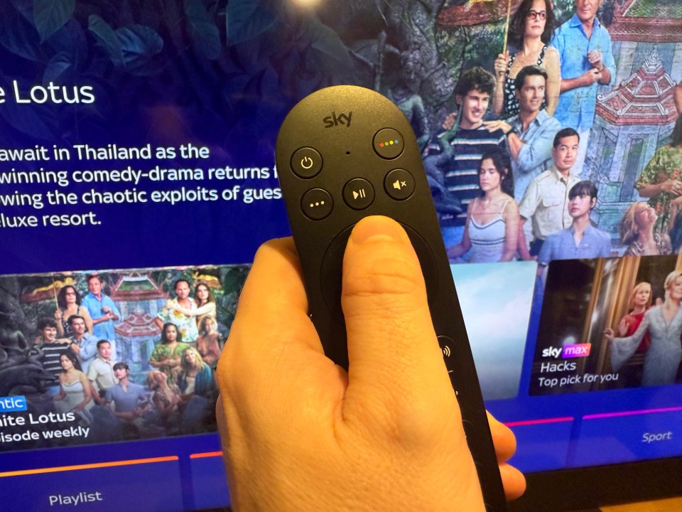 Hand holding a Sky remote control in front of a television screen showing The White Lotus.