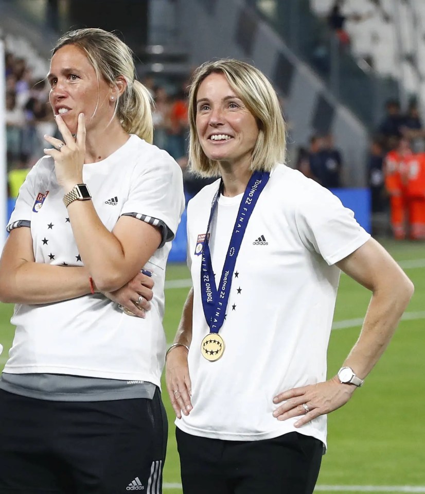 Sonia Bompastor and Camille Abily, coaches for Lyon, at the UEFA Women's Champions League Final.