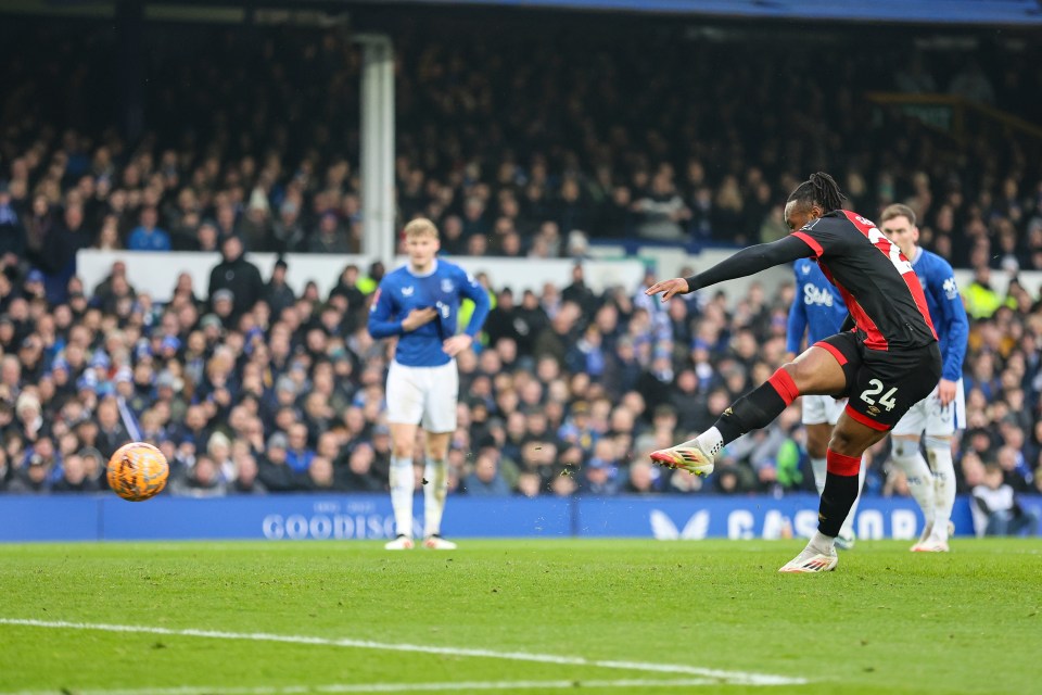 Antoine Semenyo of Bournemouth taking a penalty kick.