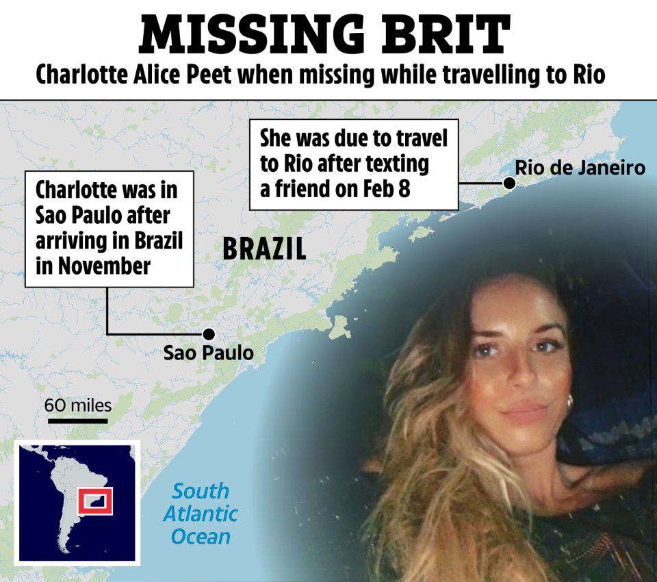 Illustration of missing Brit Charlotte Alice Peet with map showing her location in Sao Paulo and Rio de Janeiro.