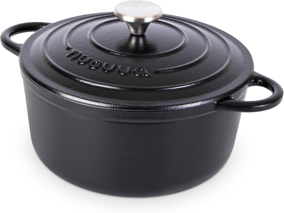 Black cast iron pot with lid.