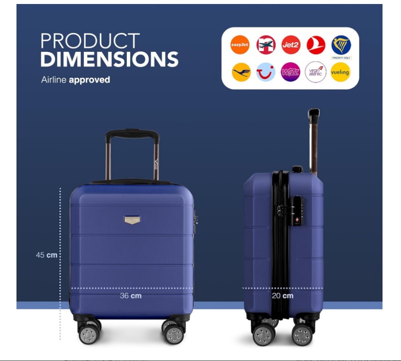 Illustration of airline-approved suitcase dimensions: 45cm x 36cm x 20cm.