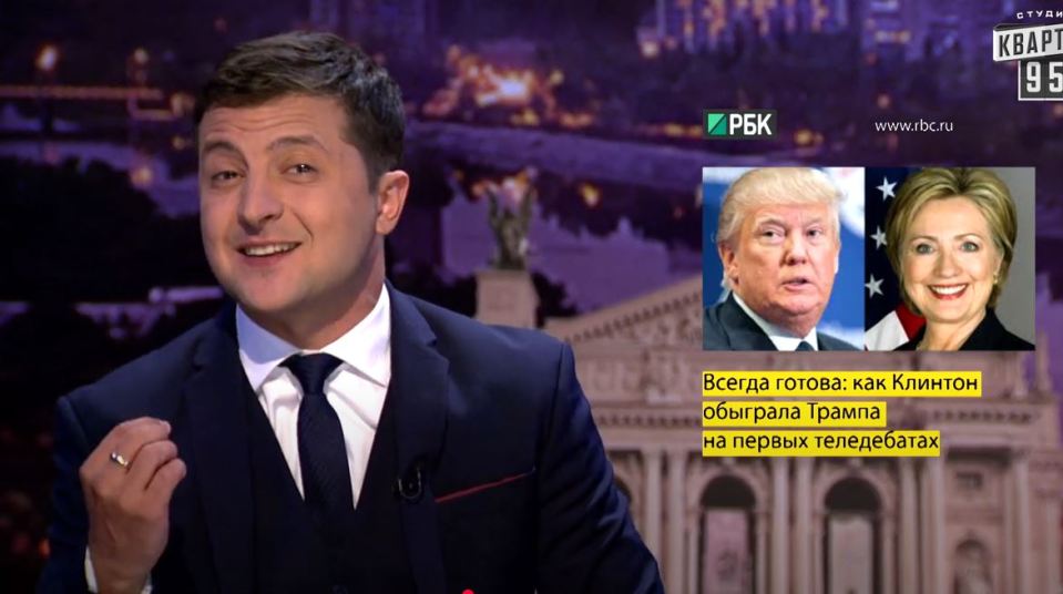 Volodymyr Zelenskyy on a talk show; inset shows Donald Trump and Hillary Clinton.