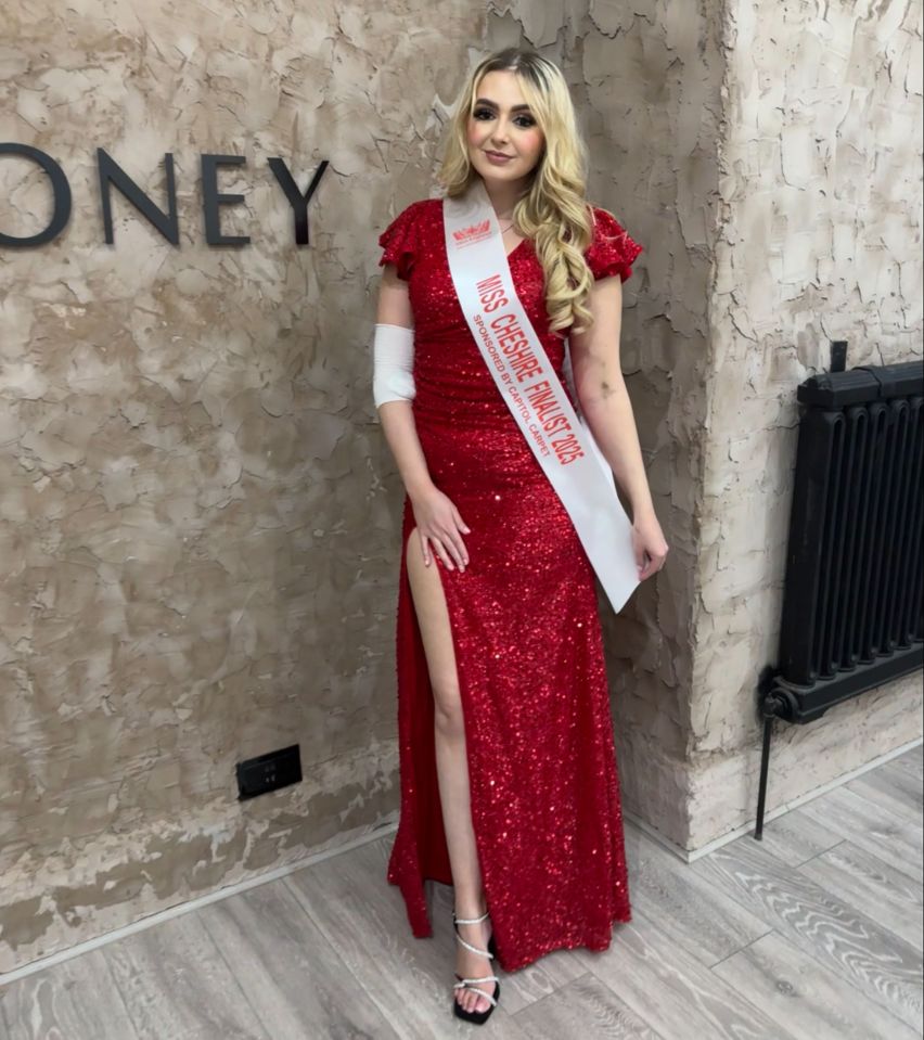 A woman in a red sequined gown and Miss Cheshire Finalist sash.