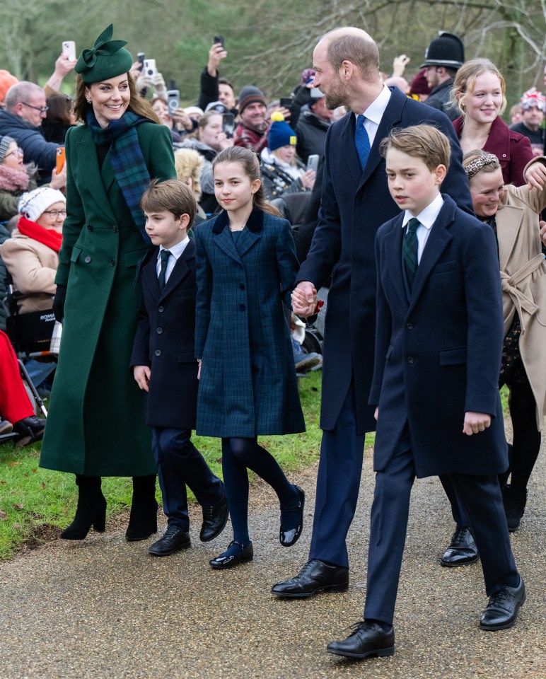 The Prince and Princess of Wales with their three children walking to a Christmas service.