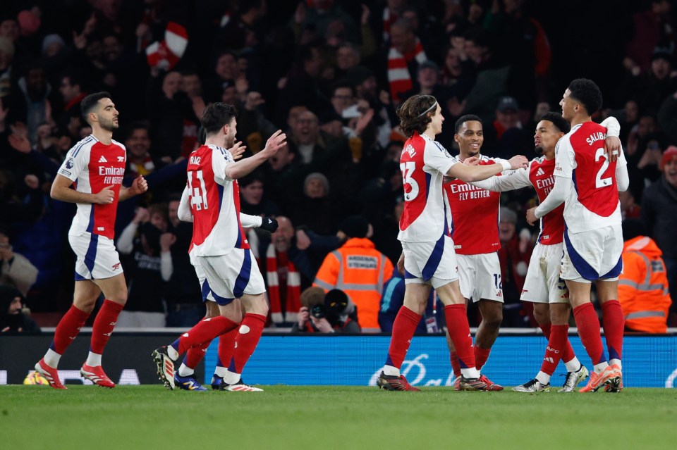 Arsenal players celebrating a goal.