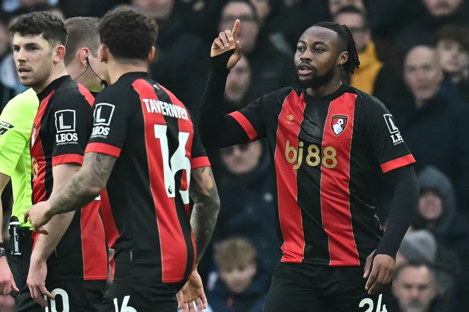 Bournemouth's Antoine Semenyo celebrates a goal with teammates.