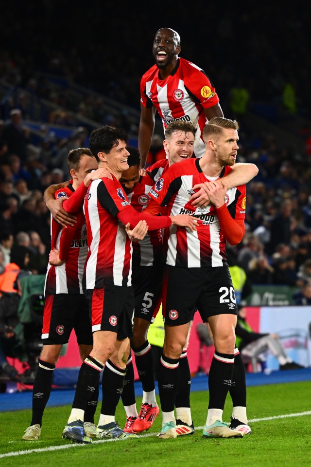 Brentford players celebrating a goal.