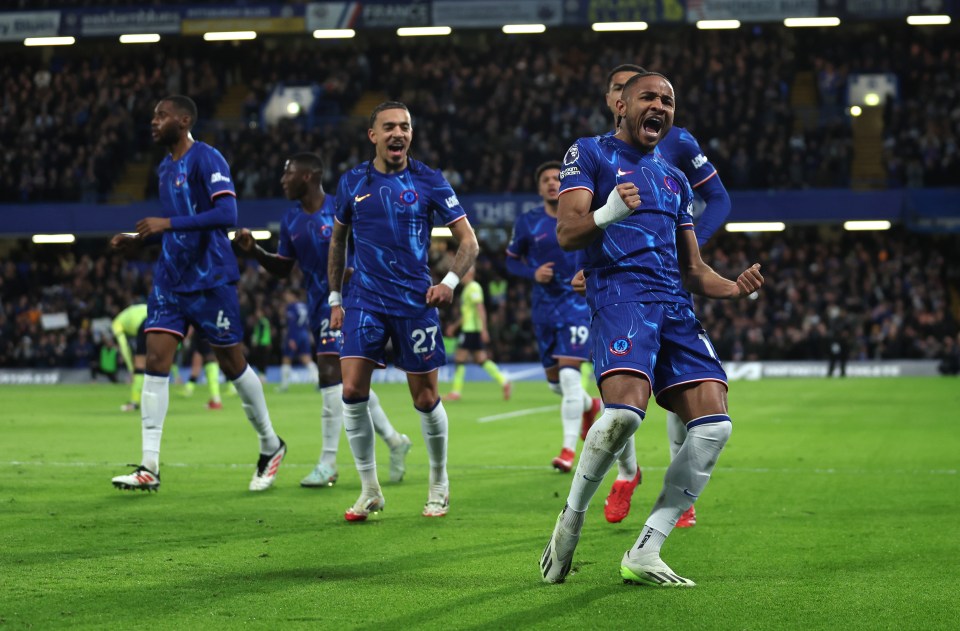 Christopher Nkunku of Chelsea celebrates scoring a goal.