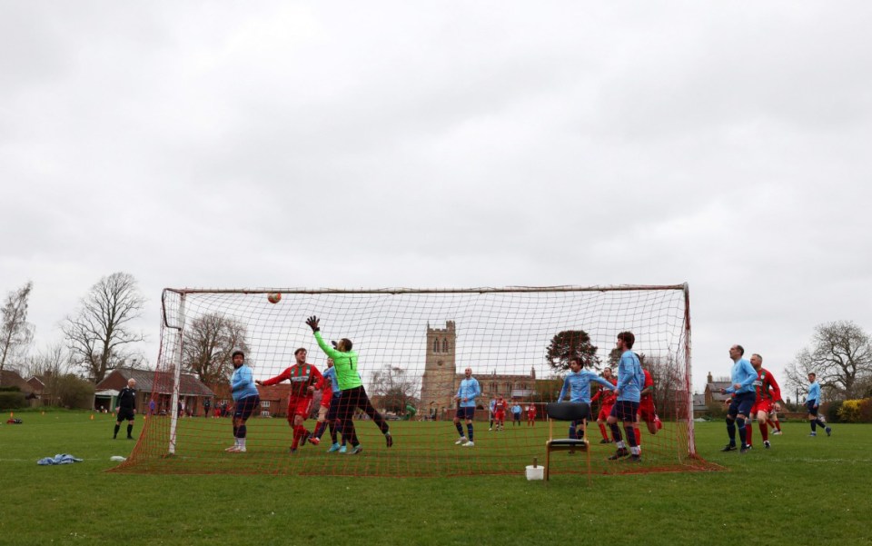 WINGRAVE, ENGLAND - APRIL 03: General view of play during the Division One Aylesbury and District League match between Wingrave First and Stoke Mandeville FC First at The Old Recreation Ground on April 03, 2021 in Wingrave, England.  (Photo by Catherine Ivill/Getty Images)