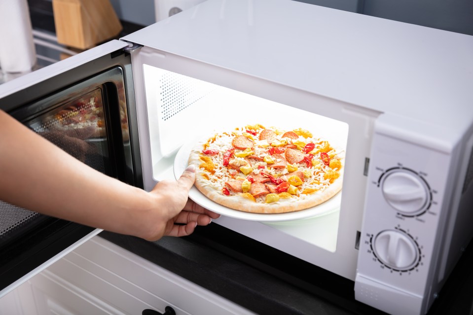 A person removing a pizza from a microwave.