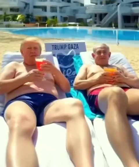 Two men sunbathing on lounge chairs by a pool, holding drinks; a sign reading "Trump Gaza" is between them.