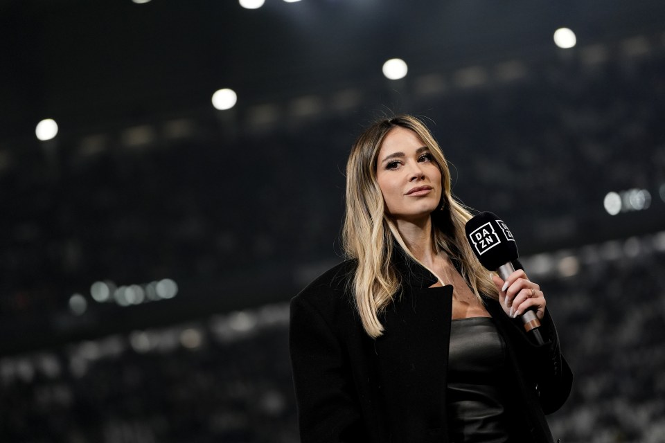 Diletta Leotta holding a DAZN microphone during a Serie A soccer match interview.