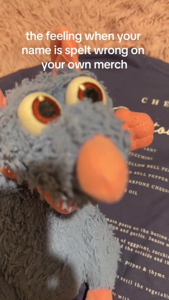 A Remy plush toy with misspelled text on a shirt.