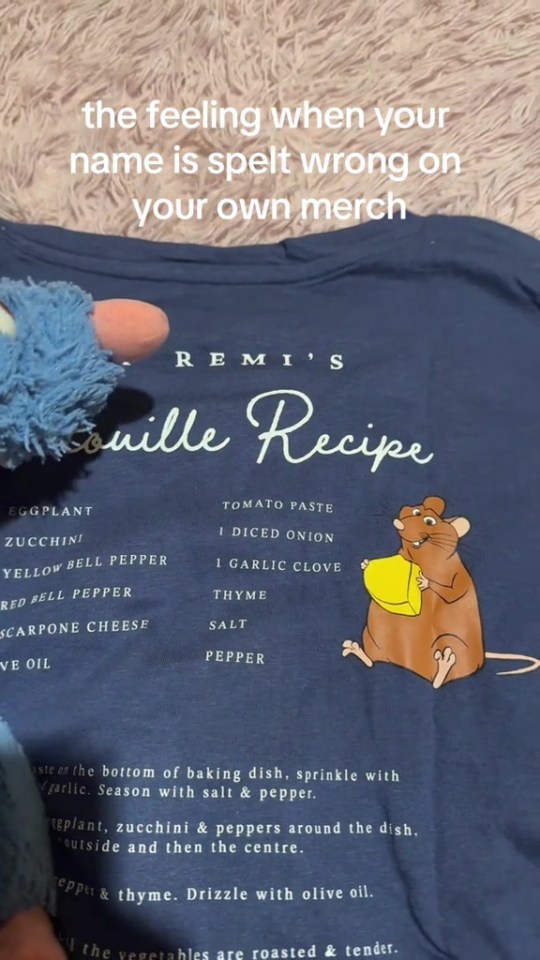 Misspelled name on a Ratatouille-themed shirt.