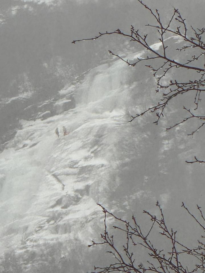 Snowy waterfall with people in the distance and bare branches in the foreground.