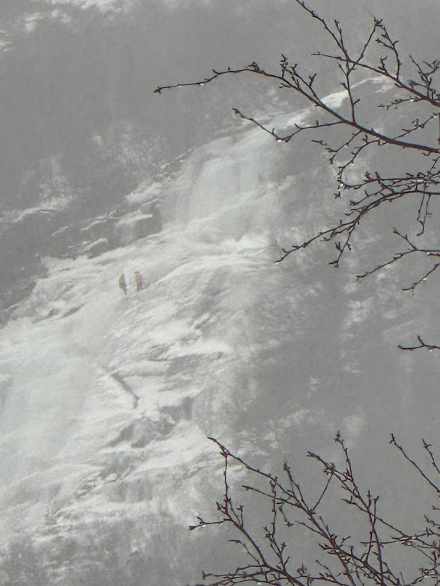 Snowy waterfall with people in the distance and bare branches in the foreground.