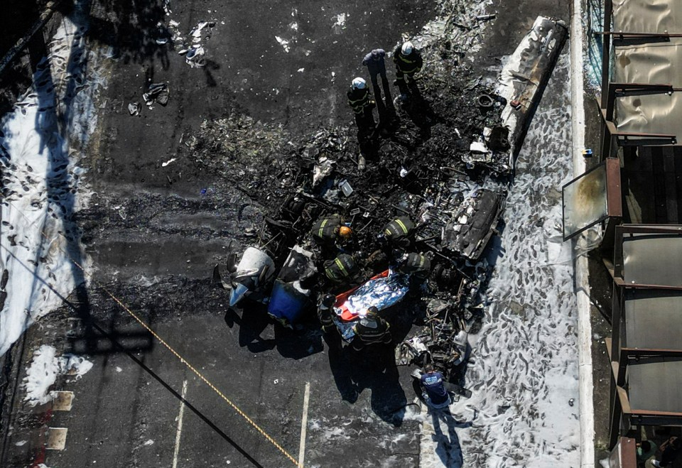 Drone view of emergency personnel at a plane crash site.