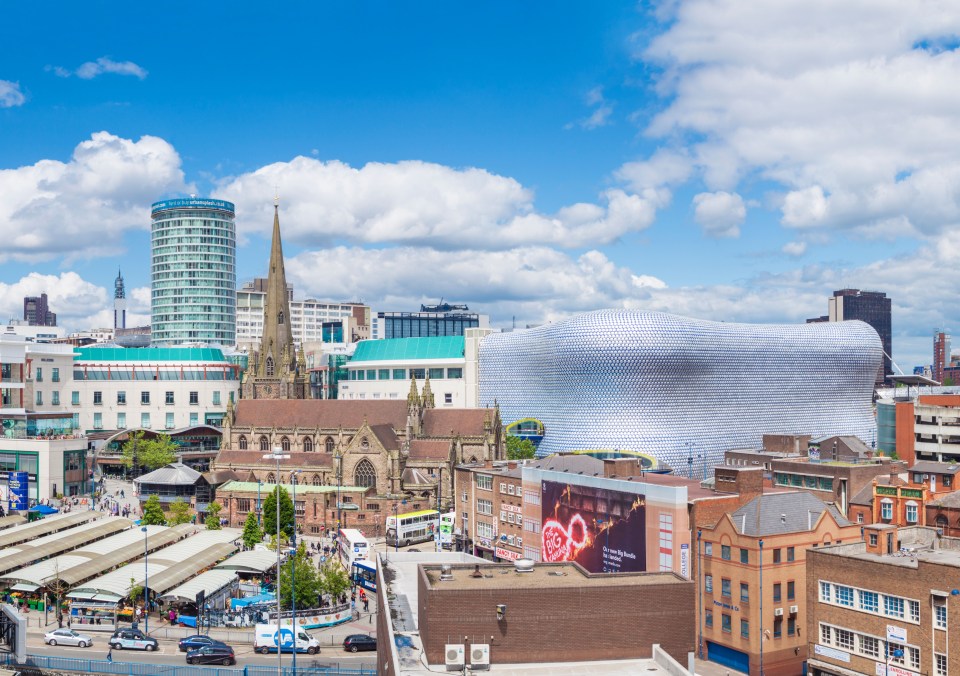 Birmingham city skyline, including the Bullring shopping centre.