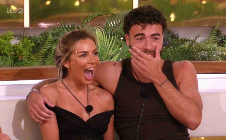 Screenshot of a couple reacting on Love Island.