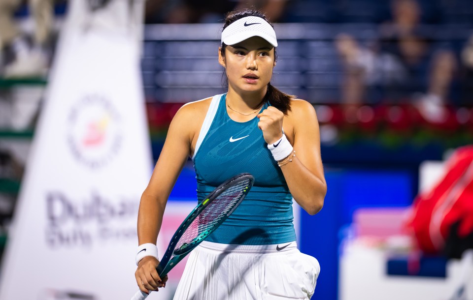 Emma Raducanu of Great Britain reacting during a tennis match.