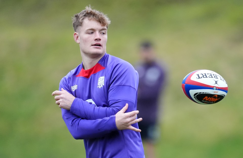 Fin Smith of England during a rugby training session.