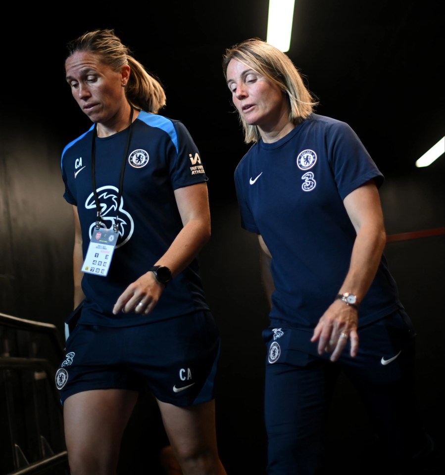 Camille Abily, assistant coach of Chelsea, and Sonia Bompastor, head coach of Chelsea.