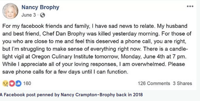 Screenshot of a Facebook post announcing the death of the author's husband.
