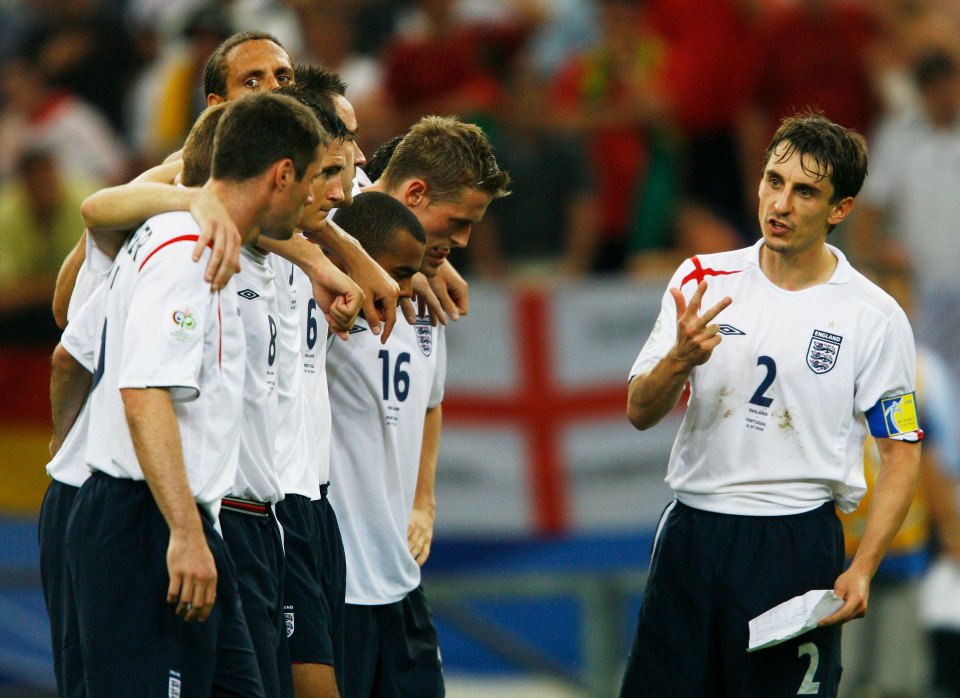 Gary Neville instructing the England football team on penalty order.