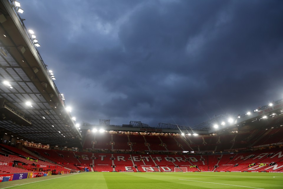 Old Trafford stadium under a cloudy sky.