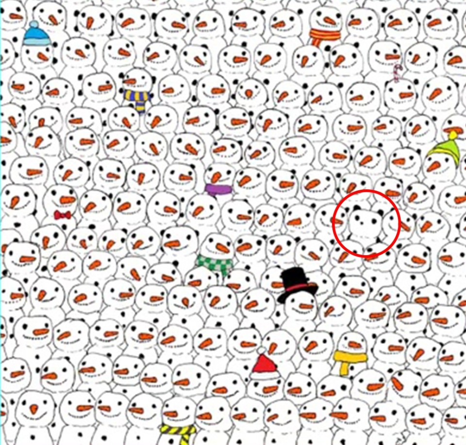 Illustration of a panda hidden among snowmen.