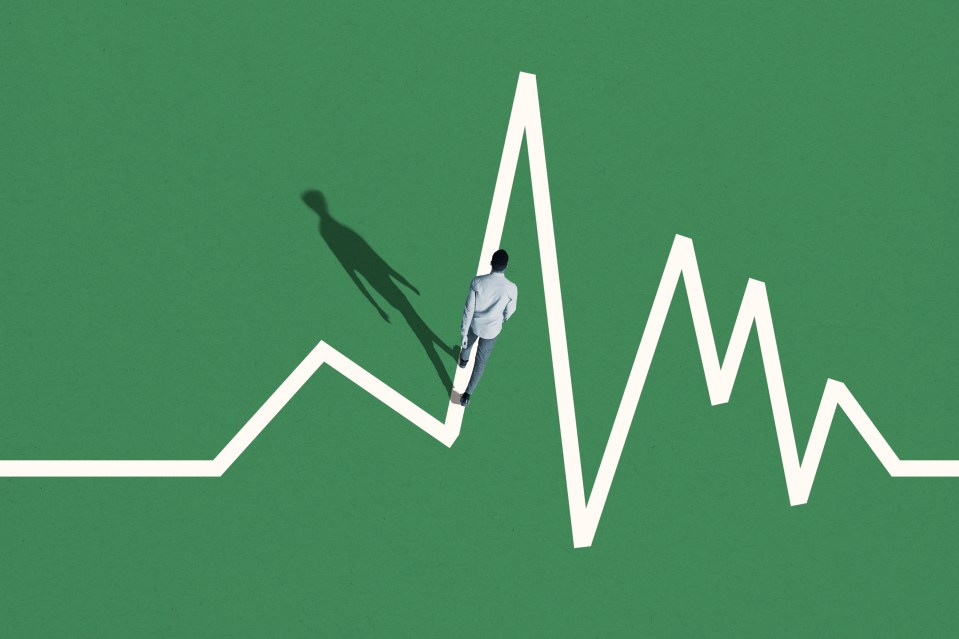 Illustration of a man walking along a white zigzag line on a green background.
