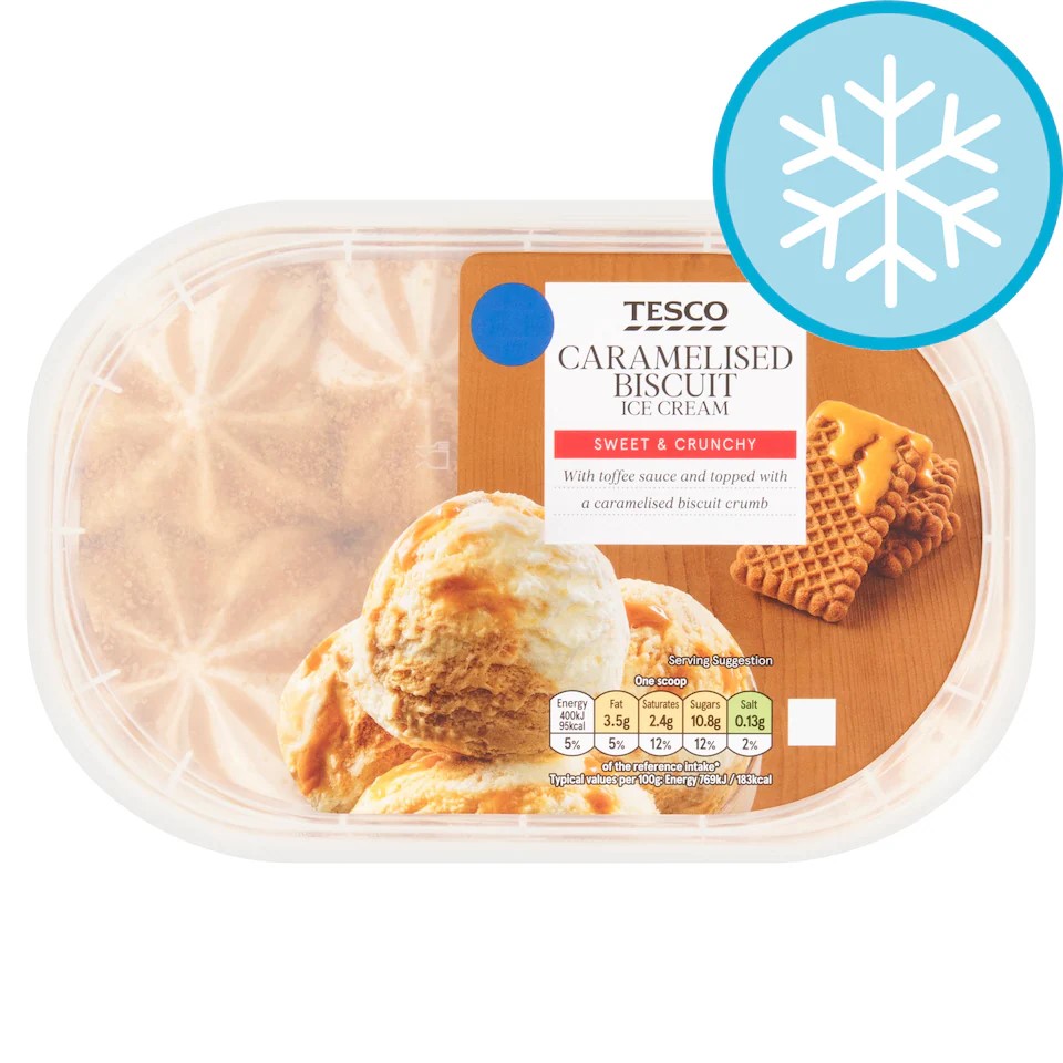 Tesco caramelised biscuit ice cream tub.