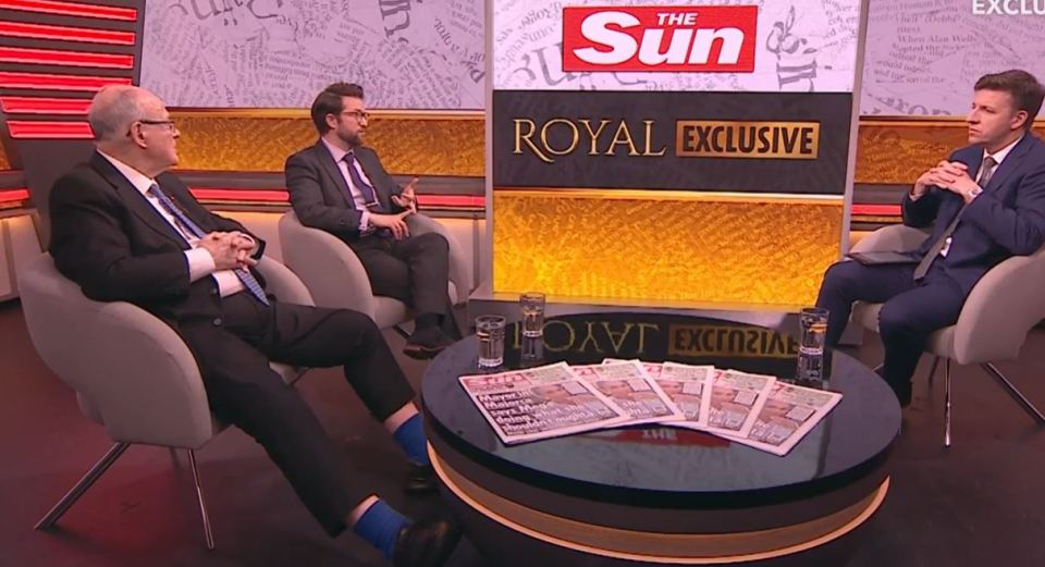 Three men on a talk show discussing a royal exclusive in The Sun newspaper.