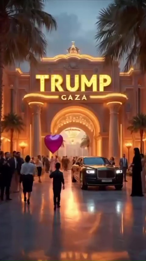 Illustration of a Trump Gaza building entrance with people and a car.
