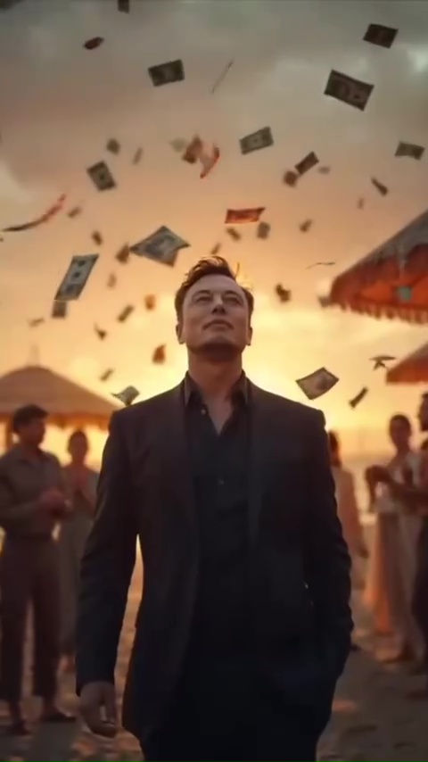 Elon Musk standing amidst falling money.