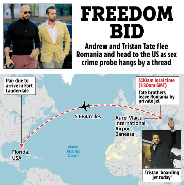Illustration of Andrew and Tristan Tate's flight from Romania to Florida, amid a sex crime investigation.
