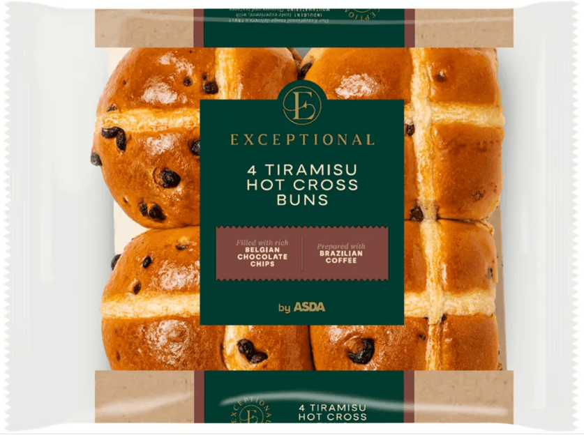 Package of four tiramisu hot cross buns.