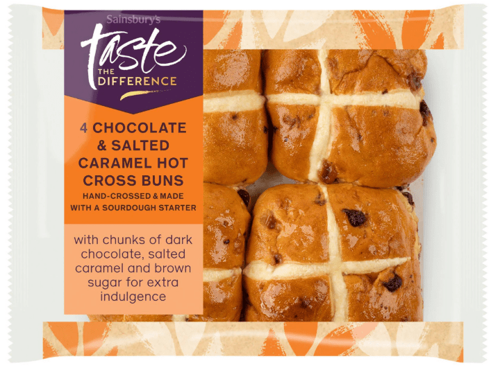 Package of four chocolate and salted caramel hot cross buns.